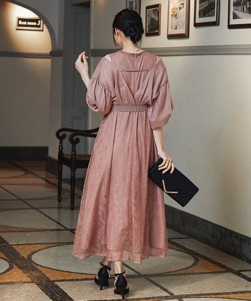 結婚式 ワンピース パーティードレス レース ボレロ セット カーディガン パフスリーブ 総レース シアー 透け感 ウエストゴム 5分袖 袖あり オケージョン 28