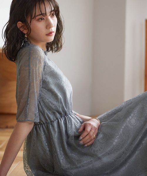 結婚式 ワンピース パーティードレス レース 総レース ロング丈 ミモレ丈 袖あり 小さいサイズ 大きいサイズ 半袖 ハイネック シアー 透け感 ロング オケー