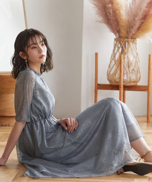 結婚式 ワンピース パーティードレス レース 総レース ロング丈 ミモレ丈 袖あり 小さいサイズ 大きいサイズ 半袖 ハイネック シアー 透け感 ロング オケー