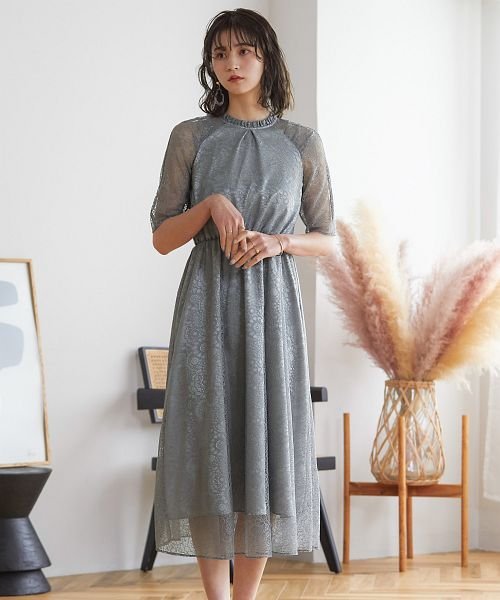 結婚式 ワンピース パーティードレス レース 総レース ロング丈 ミモレ丈 袖あり 小さいサイズ 大きいサイズ 半袖 ハイネック シアー 透け感 ロング オケー
