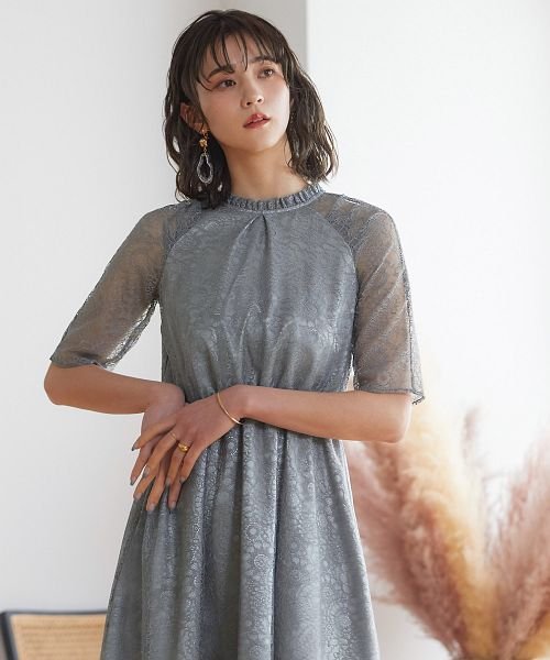 結婚式 ワンピース パーティードレス レース 総レース ロング丈 ミモレ丈 袖あり 小さいサイズ 大きいサイズ 半袖 ハイネック シアー 透け感 ロング オケー