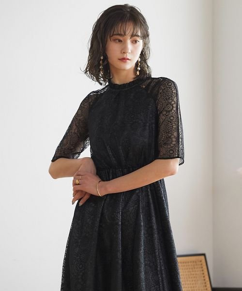 結婚式 ワンピース パーティードレス レース 総レース ロング丈 ミモレ丈 袖あり 小さいサイズ 大きいサイズ 半袖 ハイネック シアー 透け感 ロング オケー