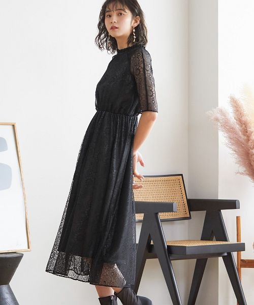 結婚式 ワンピース パーティードレス レース 総レース ロング丈 ミモレ丈 袖あり 小さいサイズ 大きいサイズ 半袖 ハイネック シアー 透け感 ロング オケー