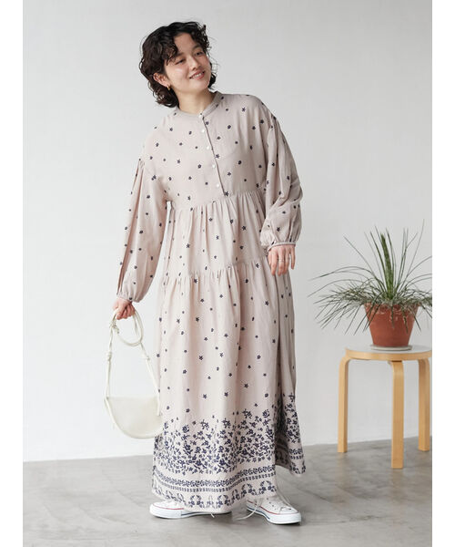 セール】【インドコットン混】花柄パネルティアードワンピース