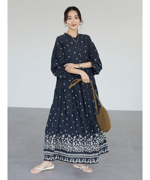 セール】【インドコットン混】花柄パネルティアードワンピース