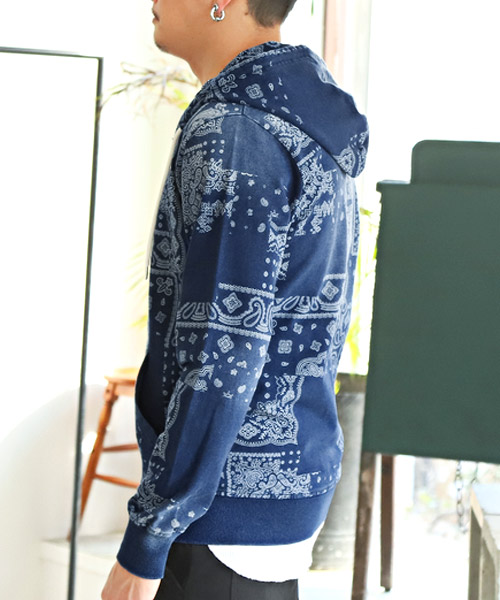 セール15%OFF】バンダナ柄カットデニムZIPパーカー/パーカー メンズ ...