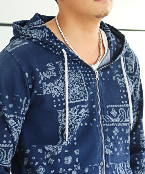 セール15%OFF】バンダナ柄カットデニムZIPパーカー/パーカー メンズ ...