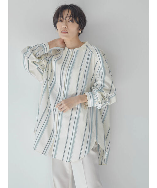 新品タグ付⭐︎ パールボタン前後リネンチュニック セール 60%OFF】パールボタンノーカラーシャツチュニック