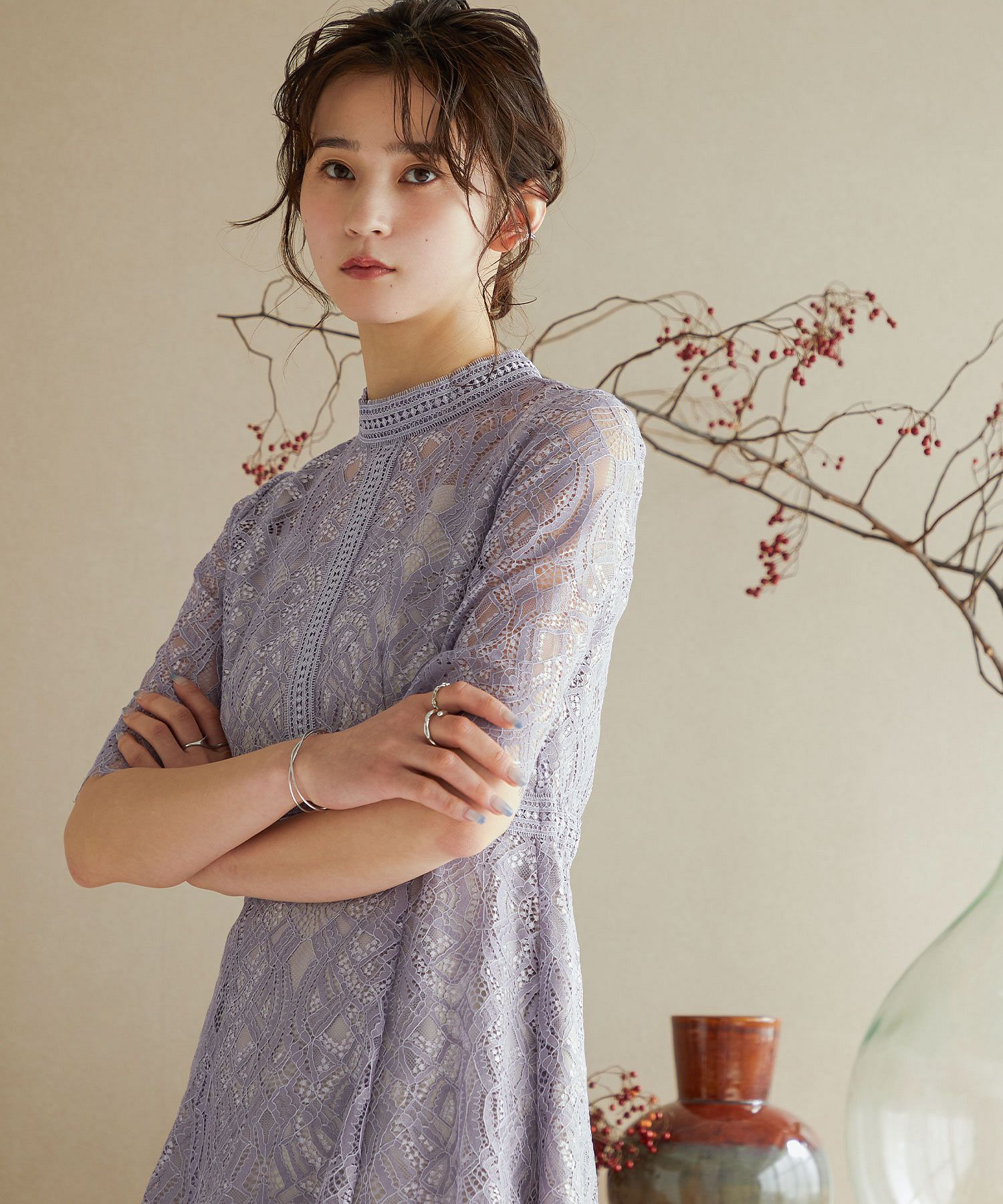 ニアナ niana 配色レース×ハシゴレース切り替えワンピース