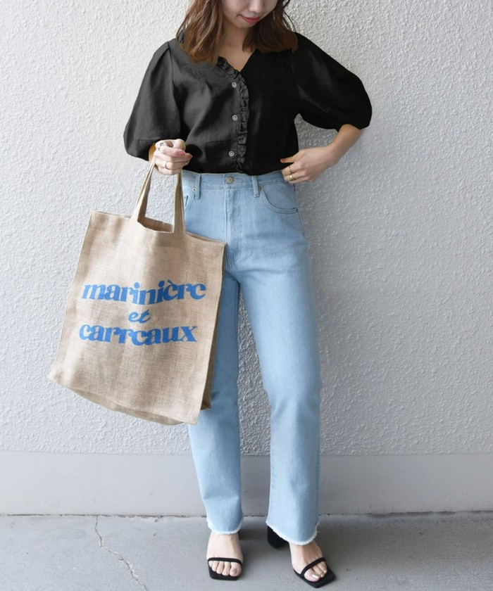 極美品✨　黒❤️　シップスエニィ　リネン チビフリル パフ シャツ ブラウス SHIPS any:〈ウォッシャブル〉オーガニックリネン チビフリル