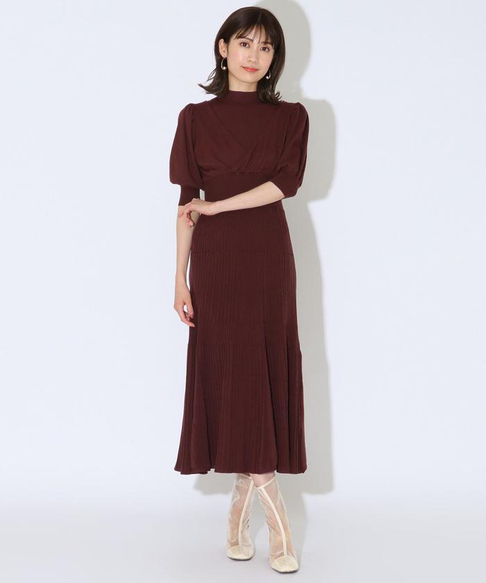 【美品】アニュアンス カシュクール リブニットワンピース ブラウン 伸縮性 アニュアンス anuans カシュクールリブニットワンピース （BEIGE