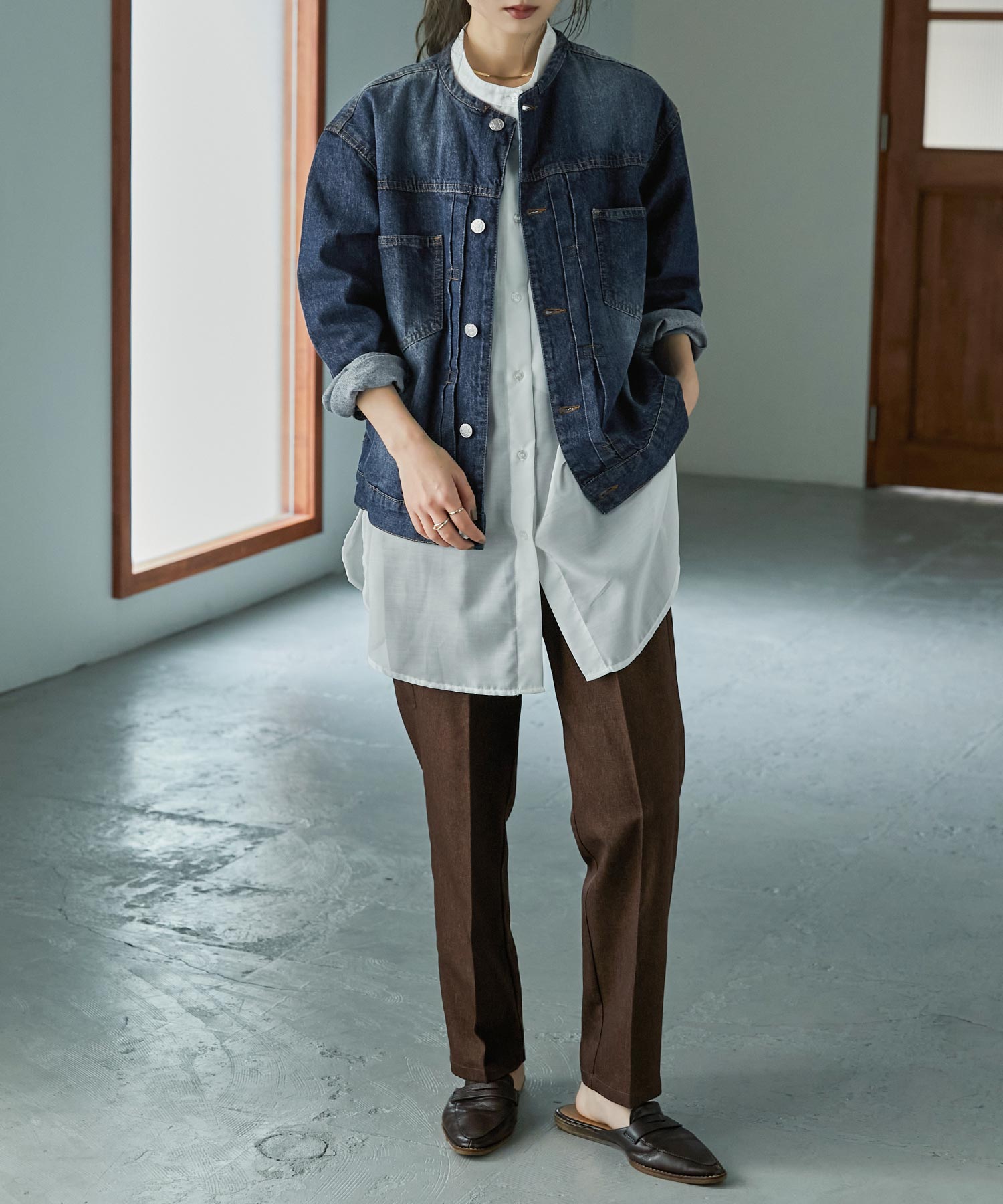  JEANS  デニムジャケット ジージャンノーカラー デニムコート ファッションレター Fashion Letter ノーカラーデニムジャケット