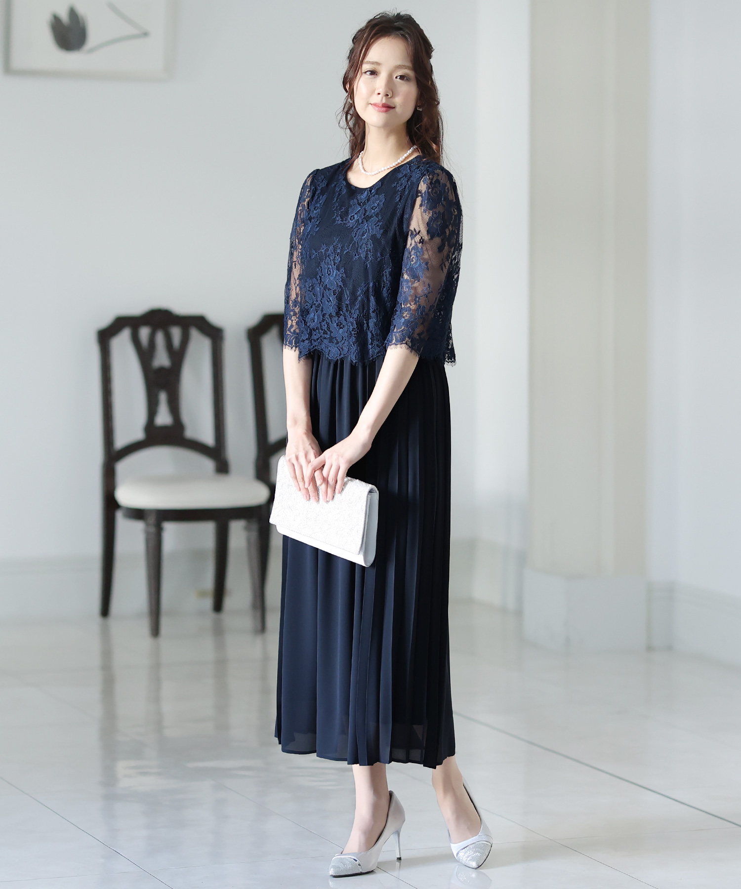 身頃レースサイドプリーツワンピース 結婚式 パーティードレス