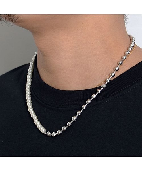 Rafu コンビネーションパールビーズネックレス メンズ シルバー パール チェーン ブランド アクセサリー ビーズ シンプル ストリート系 ラフ Rafu D Fashion