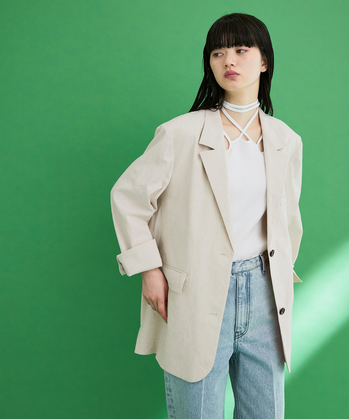 新品タグ付き アダムエロペ ストレッチリネンオーバーシャツジャケット ベージュ セール 70%OFF】ストレッチリネンオーバーシャツジャケット