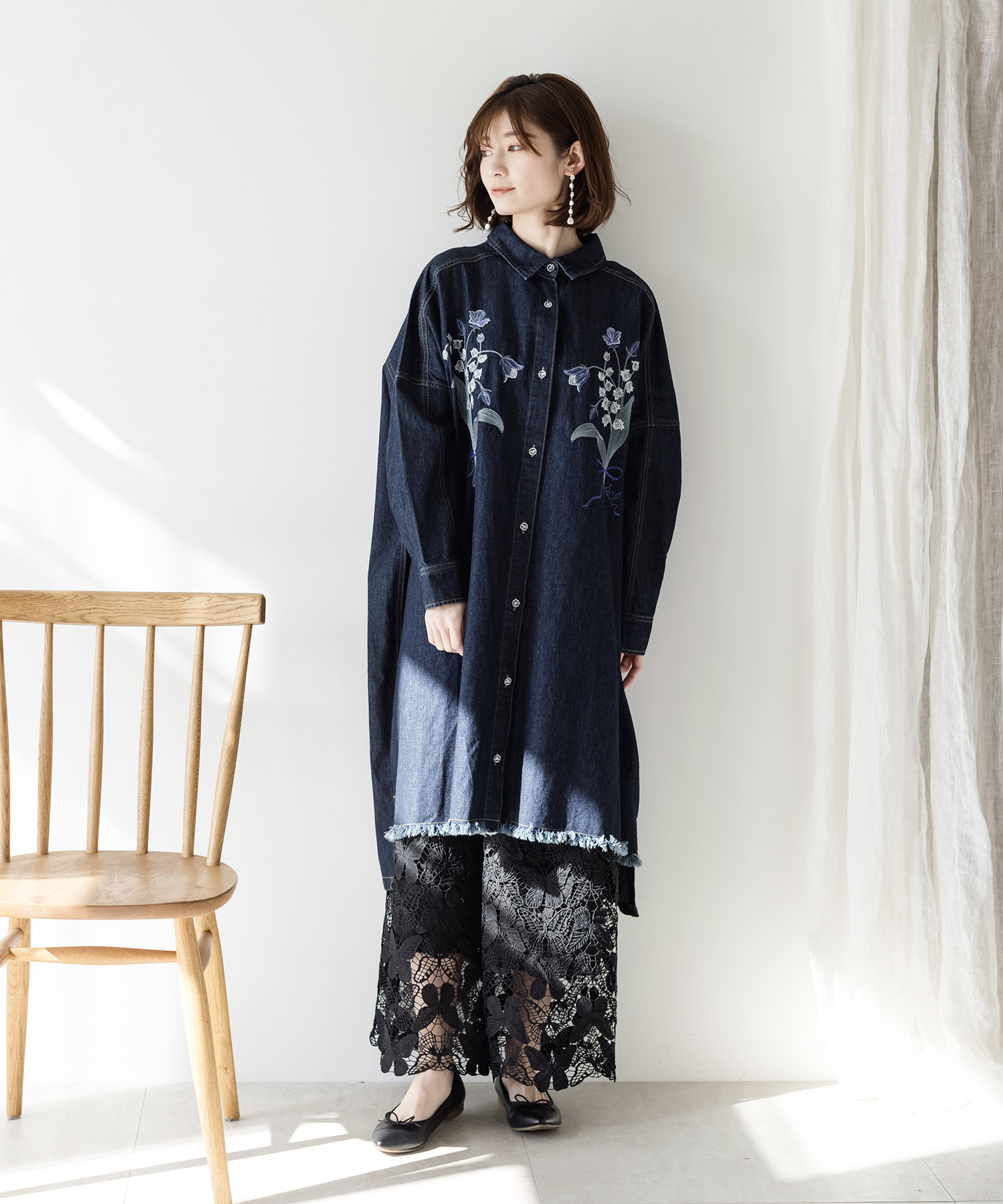 〓ROCHAS〓 dark-navy flowerレース シャツ ワンピース 花刺繍デニムシャツワンピース(504616247) | イズ スカラー(iS