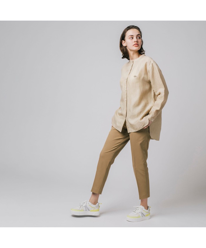 【リネンシャツ L】ラコステ 長袖シャツ ノーカラーシャツ バンドカラーシャツ ラコステ LACOSTE リネンバンドカラーシャツ （チョコ