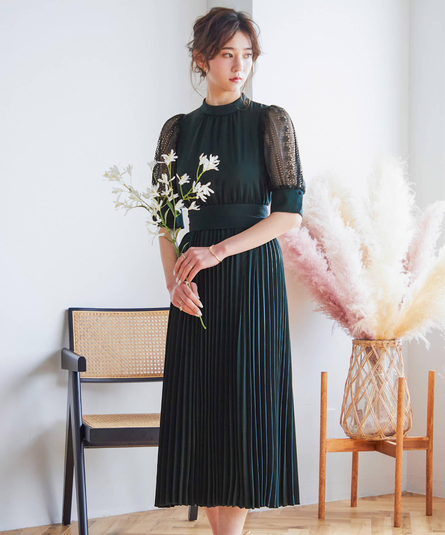結婚式 ワンピース パーティードレス レース パフスリーブ プリーツ