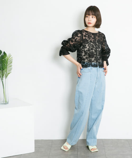 トップス agu クーポン】【セール 20%OFF】オーガンジーフラワークロップド