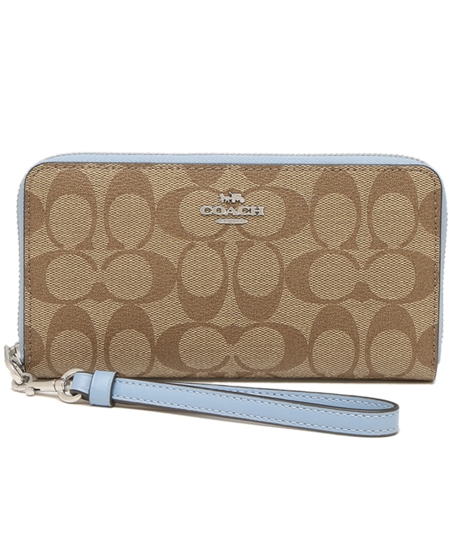新品) COACH 長財布 レディース カーキ×マーブルブルー-