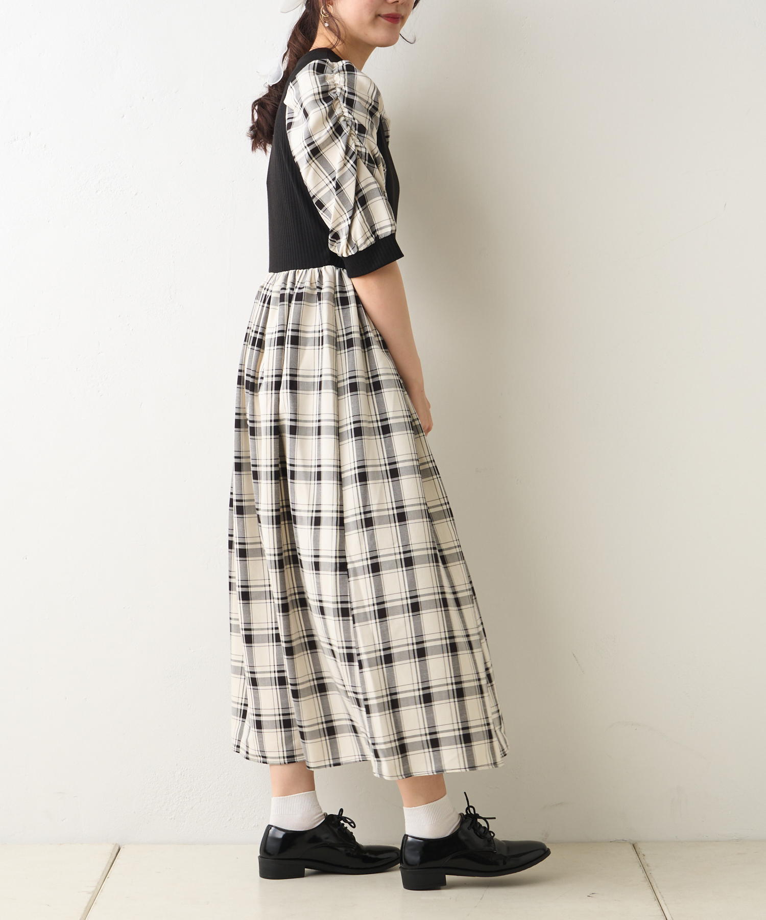 セール 82%OFF】リブ×チェックドッキングワンピース(504649775
