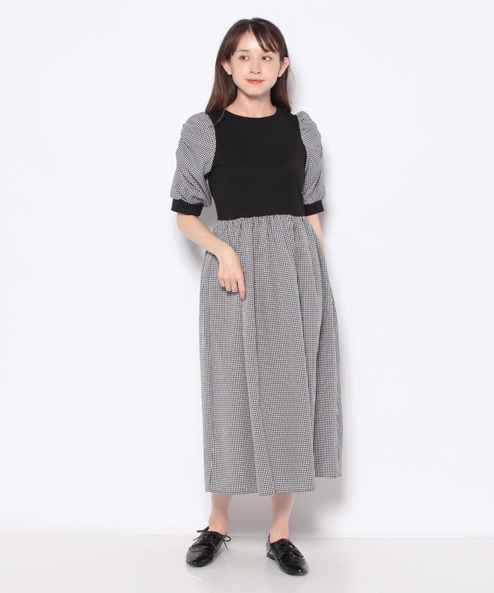 クーポン】【セール 82%OFF】リブ×チェックドッキングワンピース