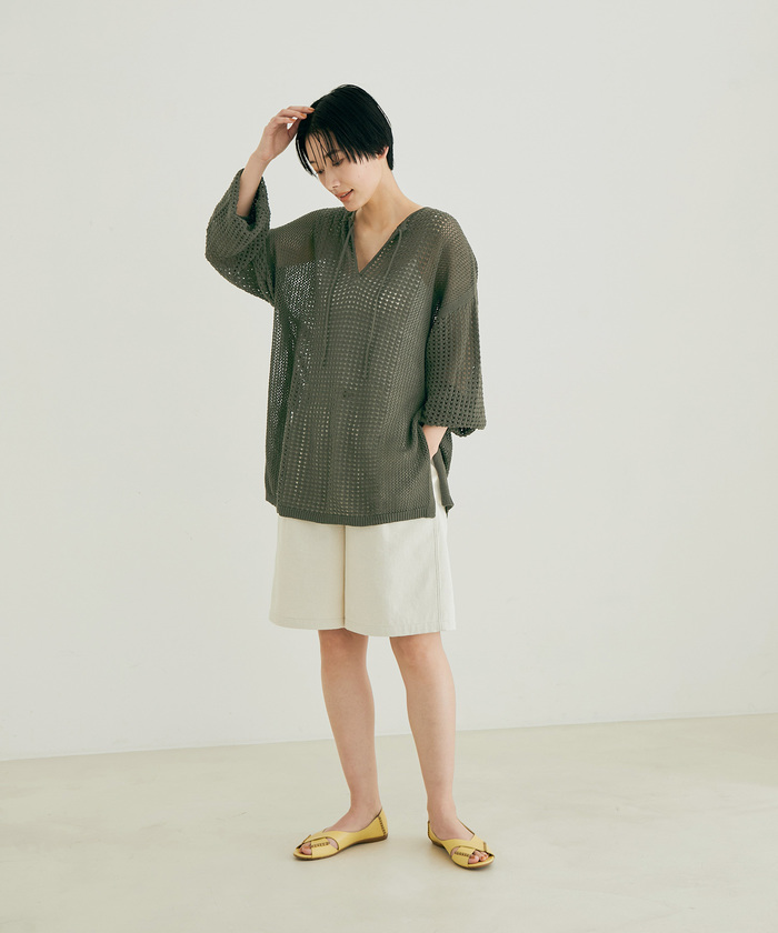 【HELMUT LANG】 透かし編み コットンニットプルオーバー 想像を超えての セール】ショート丈透かし編み ニットプル