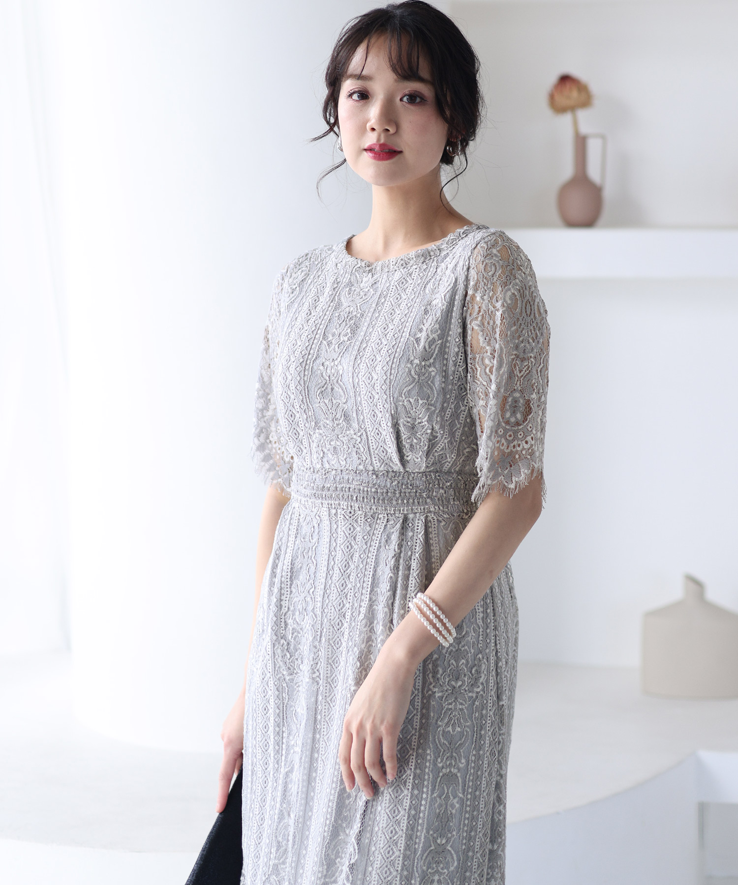 セール】フラワースカラップドレス ロングスカート/結婚式ワンピース