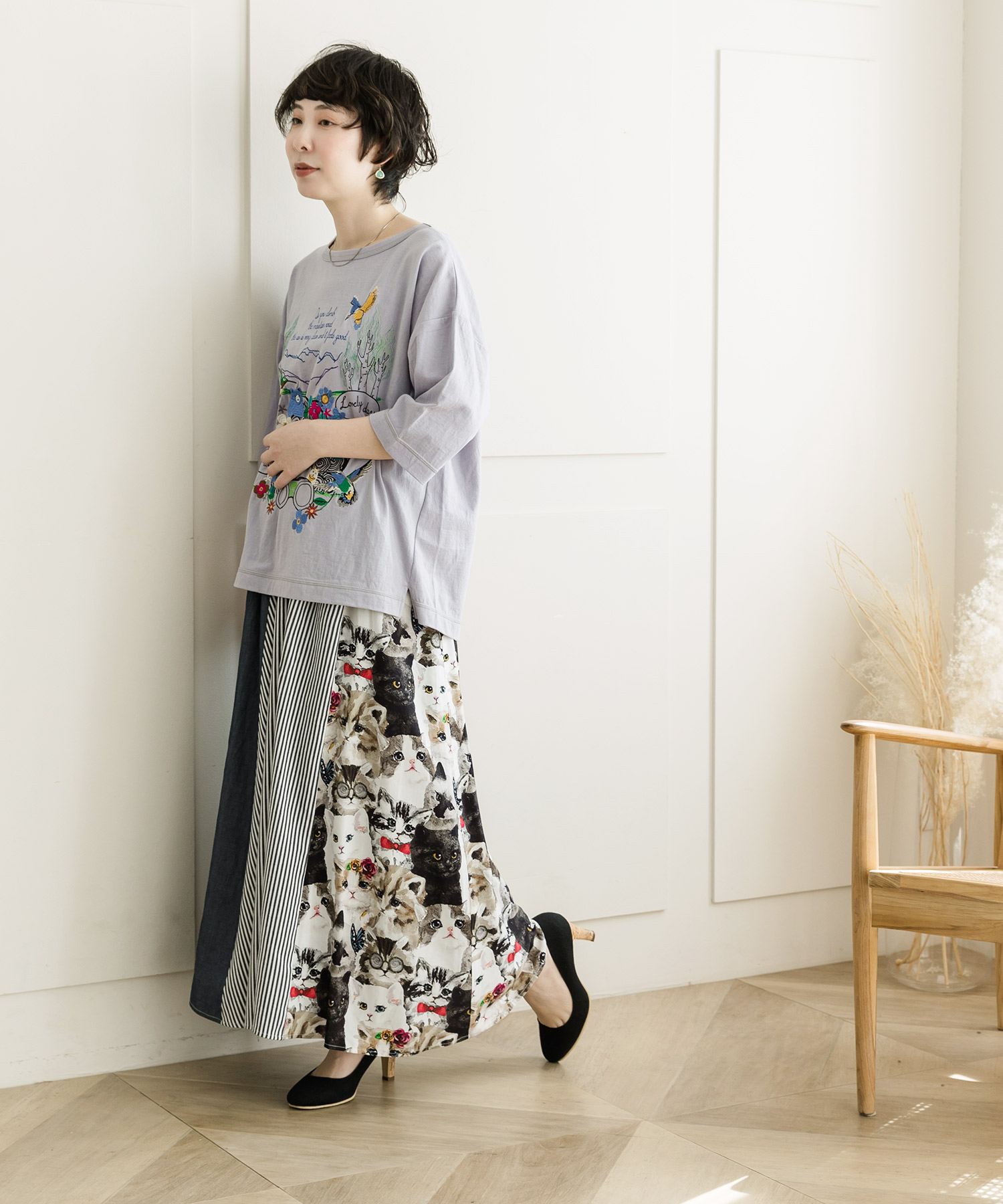 ScoLar(スカラー) 異素材切替プレミアムスカート ネイビーM スカラー ScoLar カラフルPOPな総柄 形状記憶スカート