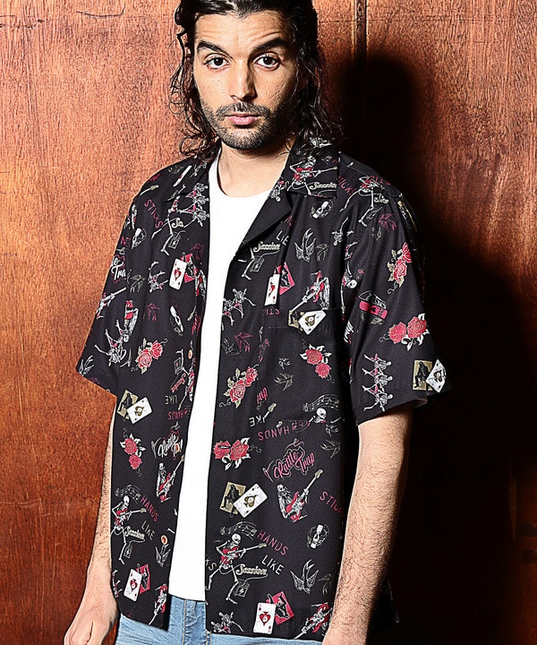 [WASTED PARIS] スカルプリント 半袖Tシャツ セール】総柄スカルプリントオープンカラー半袖シャツ(504678354