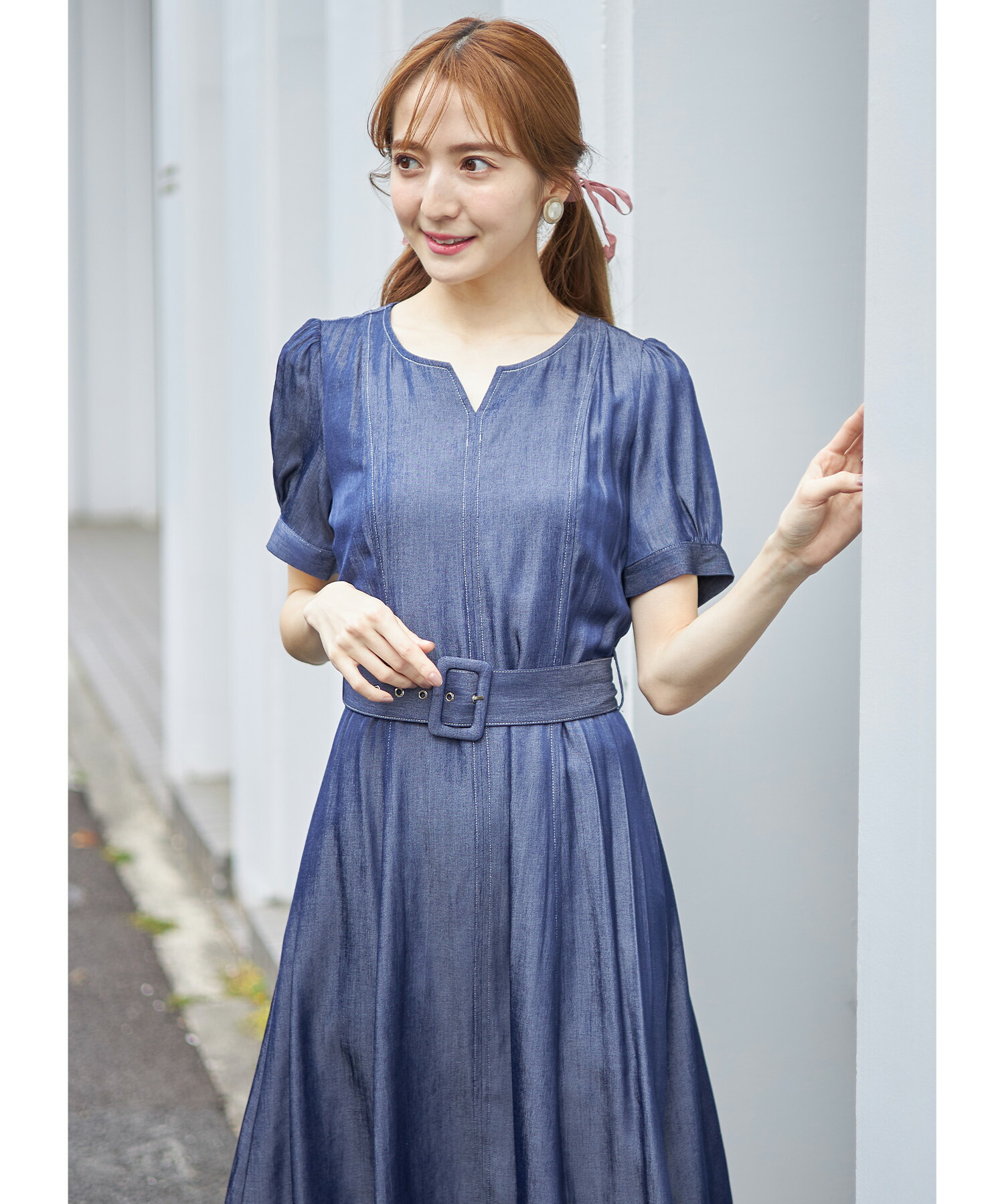 【着用2回】COTOO♡コトゥー　デニムワンピース　リボンベルトシルバーステッチ ベルテッド プリーツ デニム ワンピース QZ0239【Moromoro2