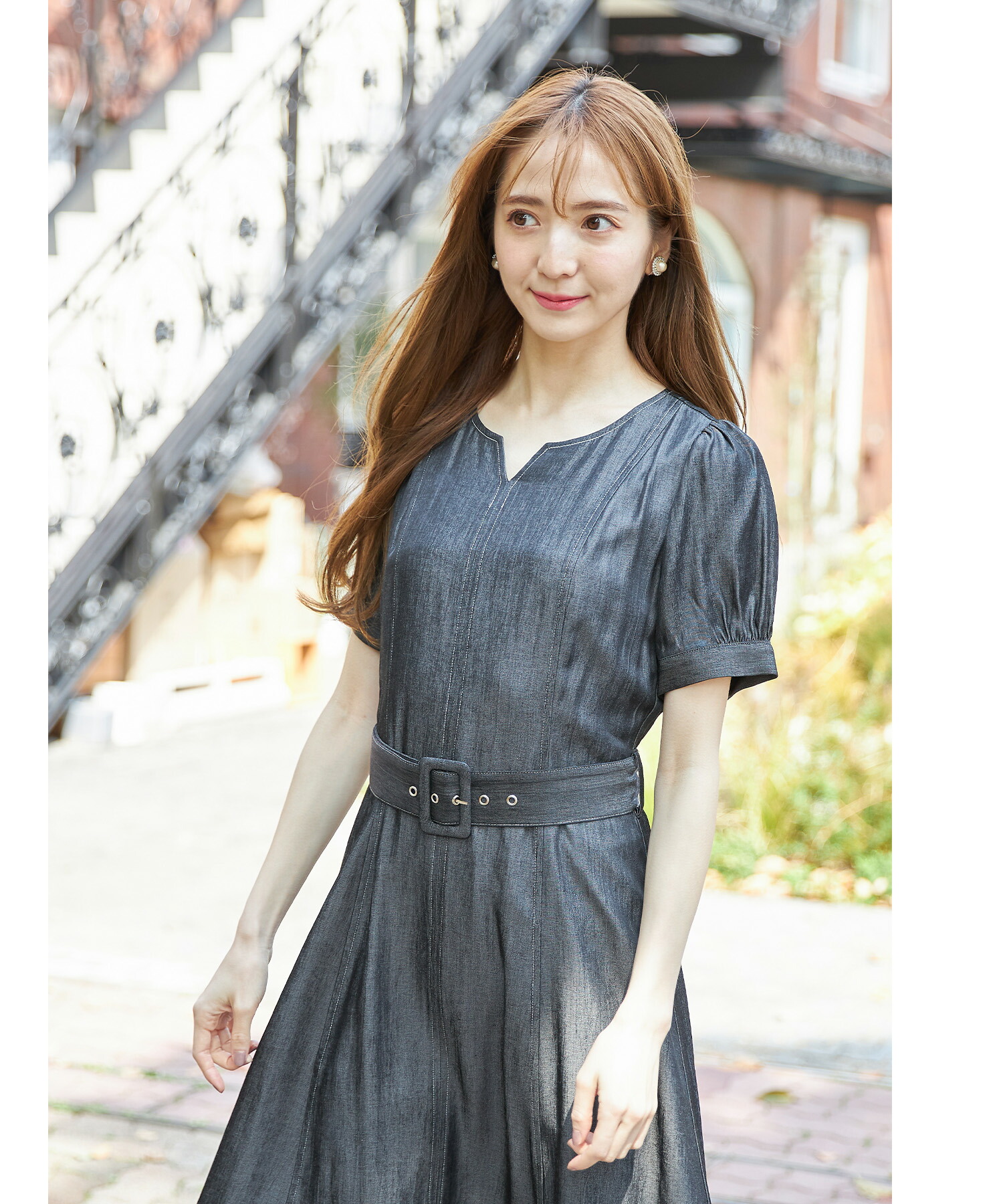 【DINT】♡ベルトセット プリーツワンピース♡ ベルト付ハーフネックプリーツワンピース | レディース
