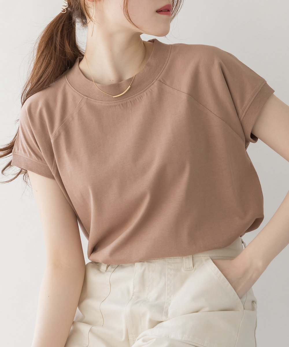 セール】クルーネックフレンチスリーブTシャツ モックネックT