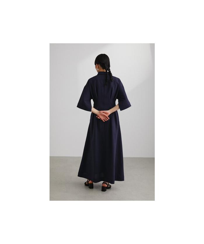 ベルト付 タックプリーツ シャツ フレアワンピース S〜XXL バイカラー衿タックフレアシャツワンピース(506704265