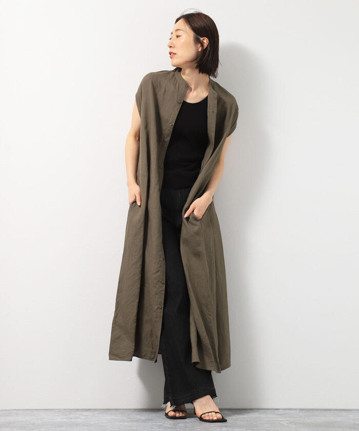 美品♡ティッカ＊ノーカラーフレンチスリーブリネンワンピース ロング　白 美しく上品な表情が続く＜リネンシリーズ 3＞