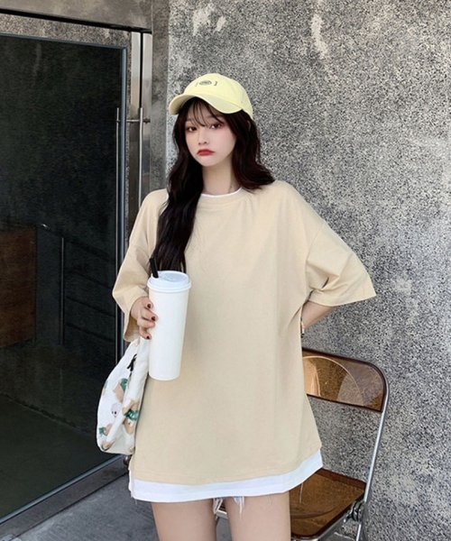 セール30 Off Tシャツ 重ね着 レイヤード風 大きめ カジュアル 無地 カットソー サマーtシャツ レディース 切り替え半袖 夏 春 韓国 ファッション セイヘイショップ Seiheishop D Fashion