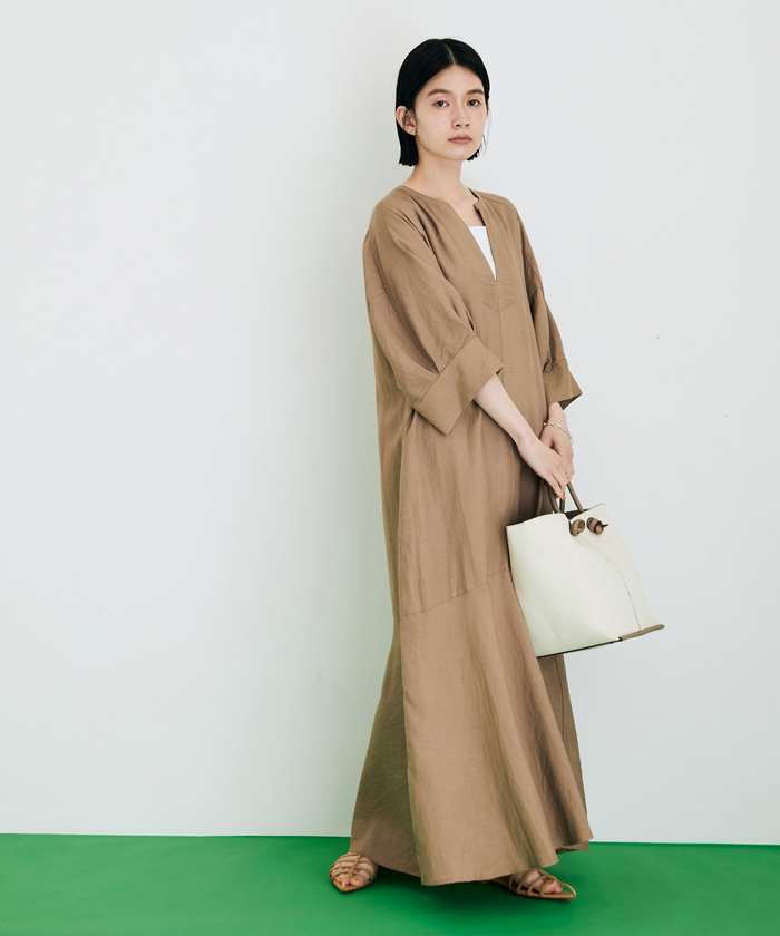 一部直営店舗・WEB限定】リネンボリュームスリーブワンピース