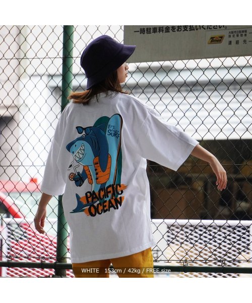 セール10%OFF】サメ tシャツ メンズ オーバーサイズ tシャツ レディース ビッグシルエットtシャツ トップス 半袖 カットソー クルーネック バックプリント 綿100% 白(504694196) ワンフォークロージング(1111clothing) d fashion トップス☆長袖シャツ☆オーバーサイズ★海の生き物☆マリン柄✭サメ★エイ☆黒地☆L