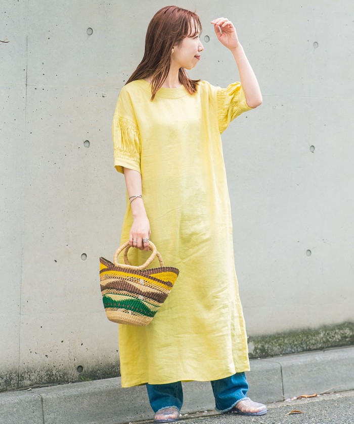 美品SHIPS　オーガニックリネンスリーブギャザーシャーリングワンピース　F 美品SHIPS オーガニックリネンスリーブギャザーシャーリング