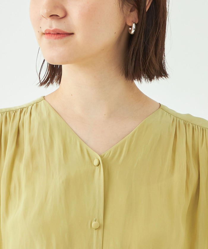 春夏SALE【イリゼ/T5093/50%OFF】ポリエステル凹凸サッカーギャザースクエアネックAラインブラウスヨーク袖山ドロストセンターリボンパフ5分袖/sph/9i51b601xx ギャザーブラウス オフショルダー レディース ブラウス 夏