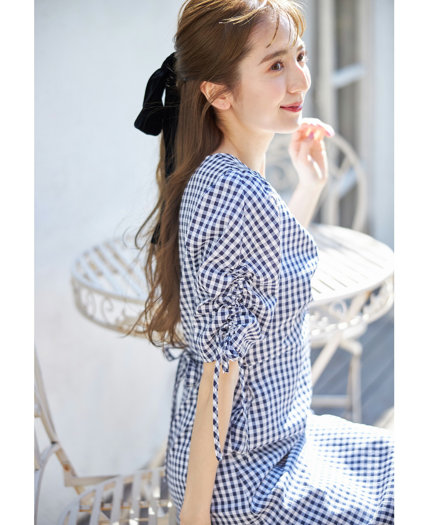ポケット付きフロントシャーリングドロストスリーブギンガム