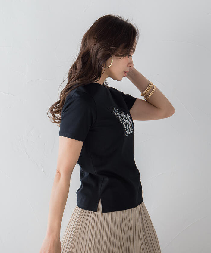 新品　ビアッジョブルー　アルビニオーガニックポンチレース刺繍Tシャツ　L