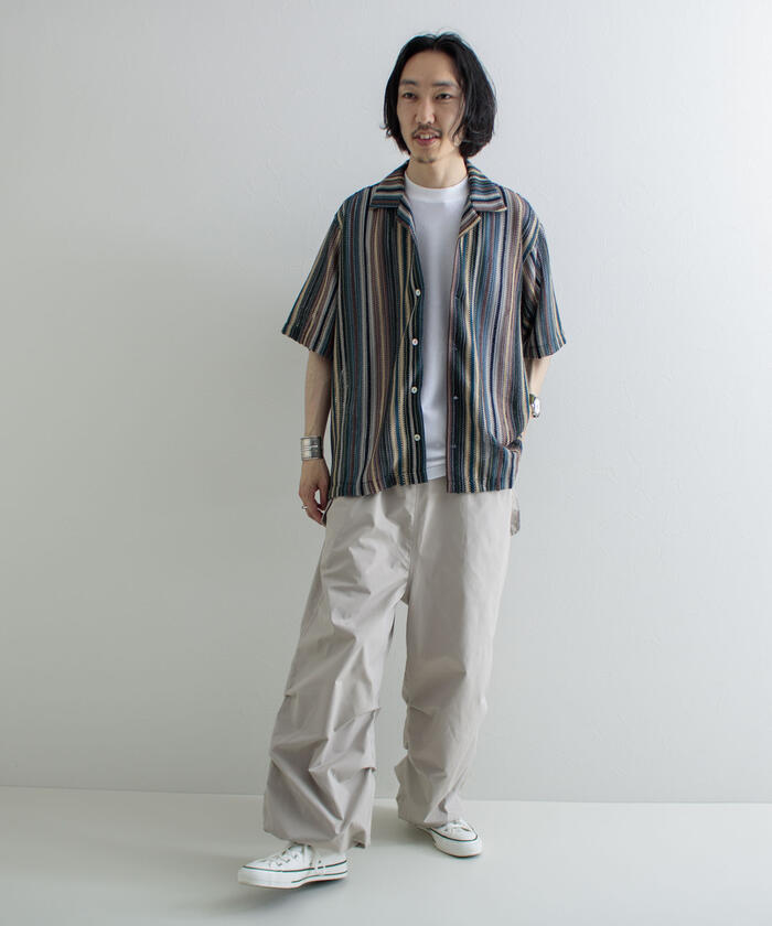 【ベータ】ストライプ シャツ カーディガン グレー (L) 異素材 日本製 美品 ベータ】ストライプ シャツ カーディガン グレー (L) 異素材