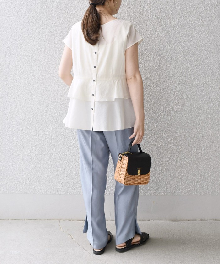 新品✨定価１.３万❤️　ネイビー　麻　2WAYリネンミックスペプラムブラウス セール】*〈手洗い可能〉2WAYリネンミックスペプラムブラウス