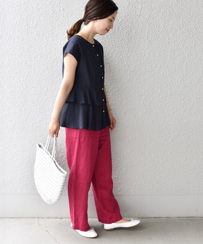 新品✨定価１.３万❤️　ネイビー　麻　2WAYリネンミックスペプラムブラウス セール】*〈手洗い可能〉2WAYリネンミックスペプラムブラウス