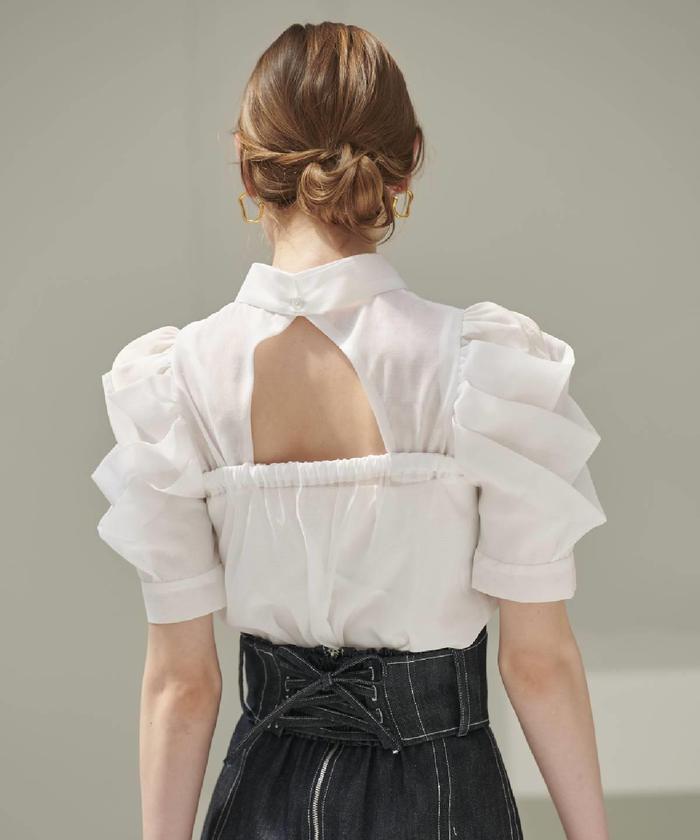EXCENTRIQUE ボウタイ付き 半袖 シフォンブラウス エクサントリーク レースレディース Lace Ladies ボウタイ付き半袖シフォン