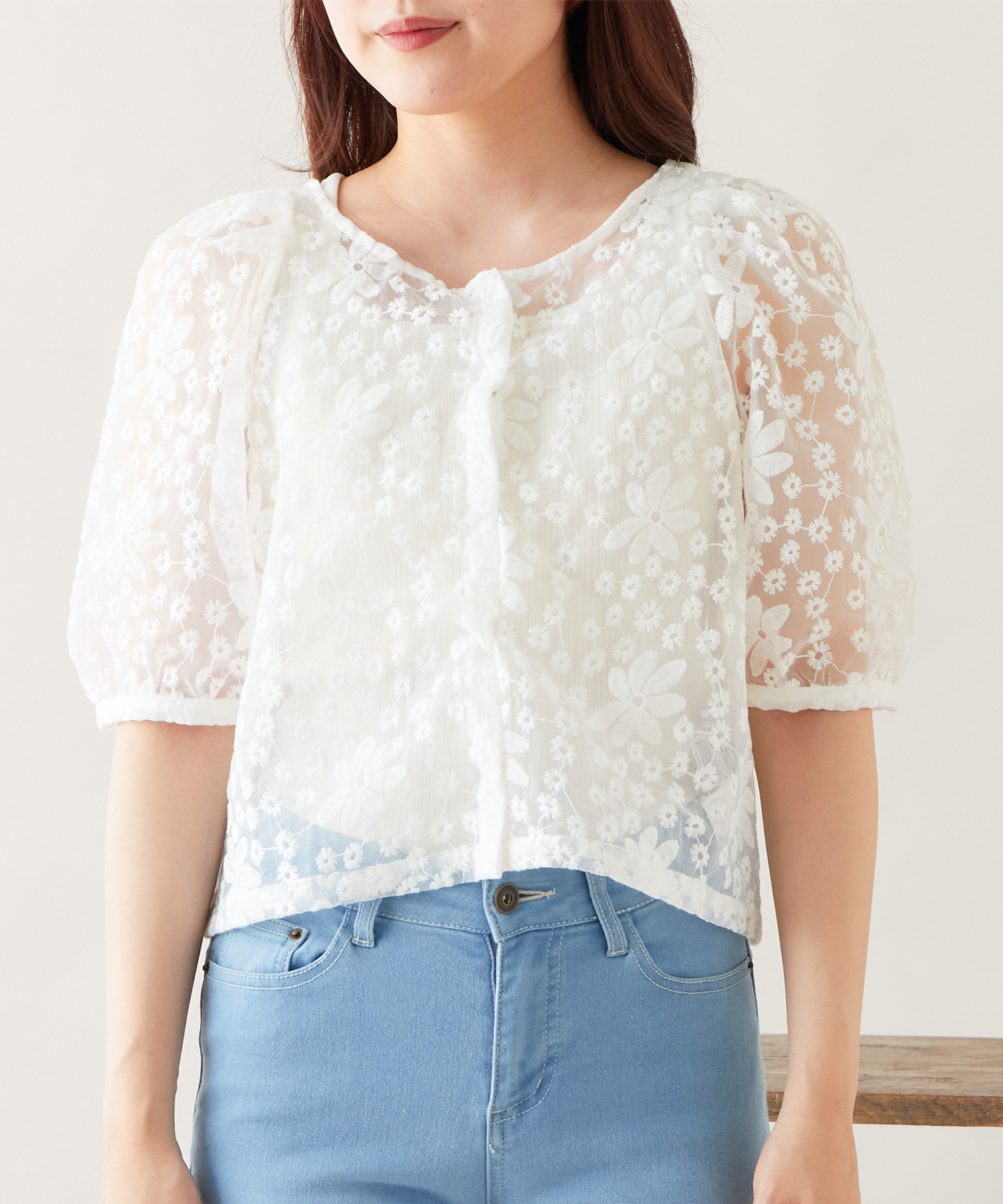 クーポン】【セール 69%OFF】オーガンジー刺繍ブラウス