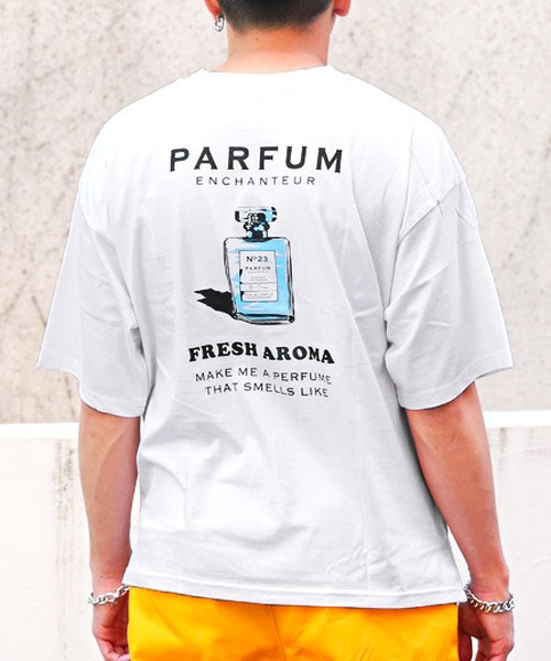 セール 香水柄イラストバックプリントbig半袖tシャツ Tシャツ メンズ 半袖 ビッグシルエット プリント イラスト ロゴ 香水 ラグスタイル Luxstyle D Fashion