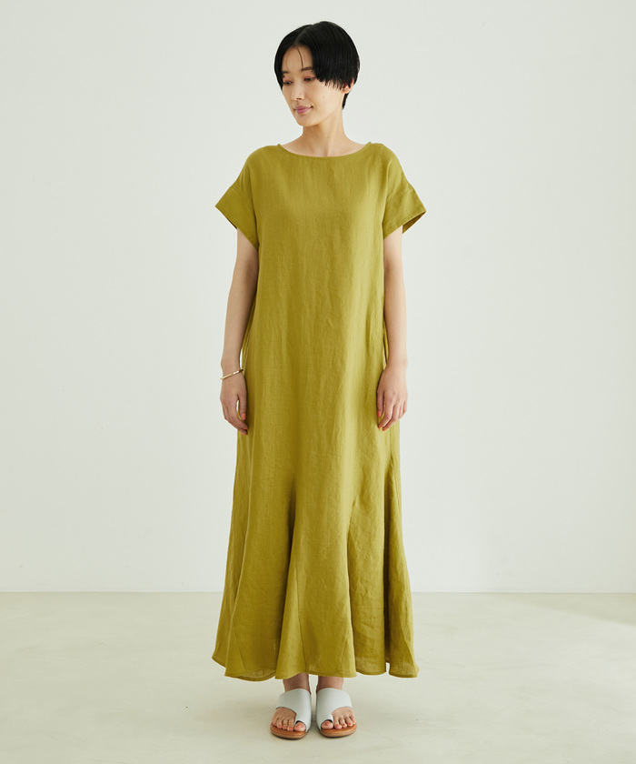 美品 アダムエロペ 絹 綿 シルクコットン ワンピース 緑 フレンチスリーブ 美品 アダムエロペ 絹 綿 シルクコットン ワンピース 緑