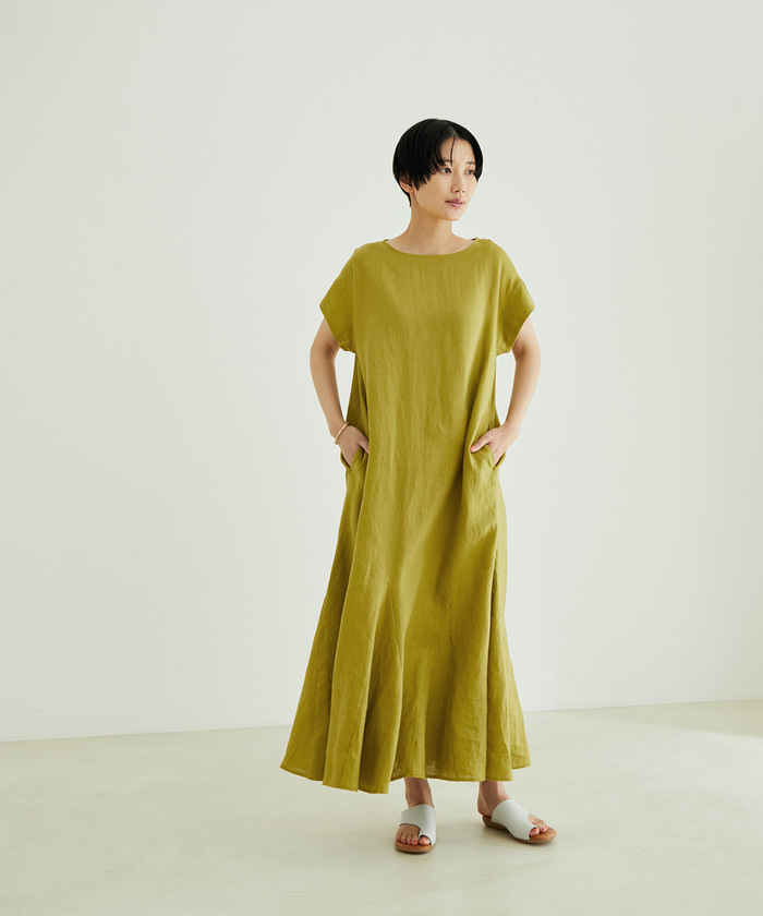 美品 アダムエロペ 絹 綿 シルクコットン ワンピース 緑 フレンチスリーブ 美品 アダムエロペ 絹 綿 シルクコットン ワンピース 緑